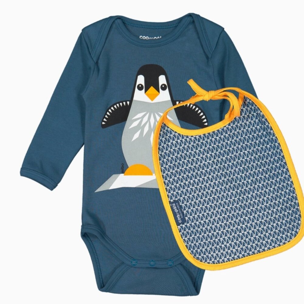 Organic Baby Long Sleeve Bodysuit & Bib Set - Penguin NWT